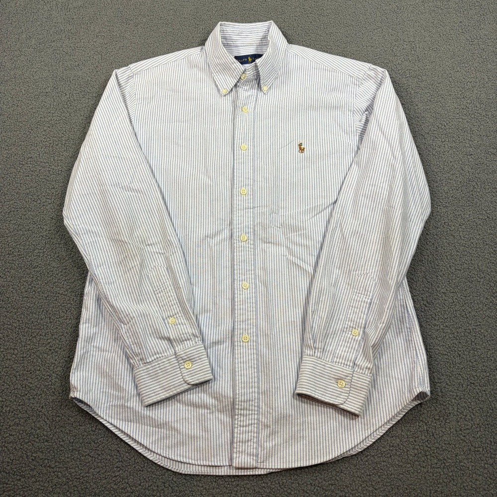Ralph Lauren Button Down Mens M Blue White Striped Oxford Shirt Long Sleeve Logo